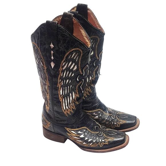 Women's Black and Brown Heeled Boots - Picture 1 of 10